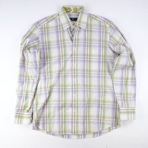 BUGATCHI Long Sleeve Button Front Shirt Green Plaid Contrasting Cuffs Sz. M